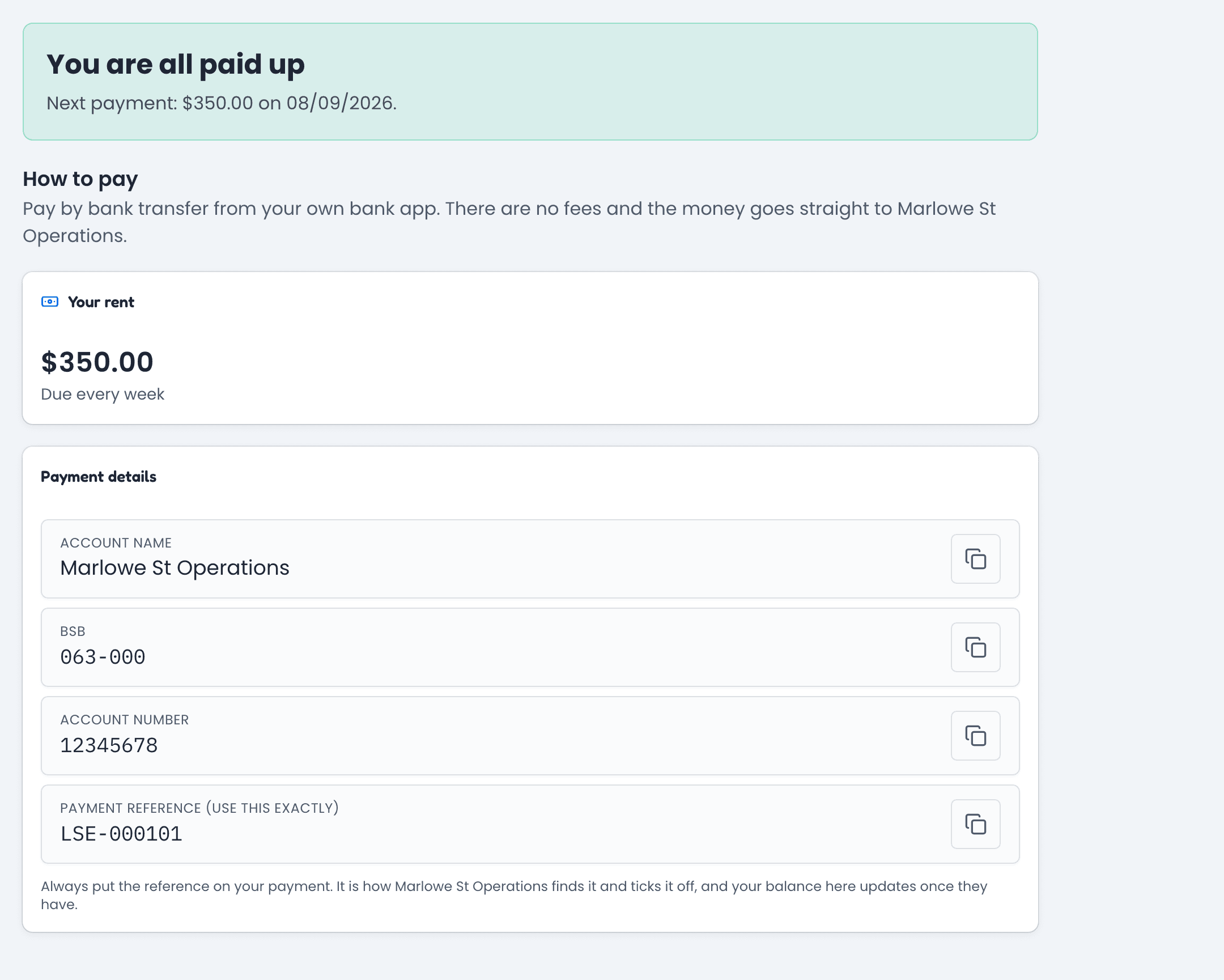 The renter portal payments view in LeaseDock, showing rent status and bank payment details