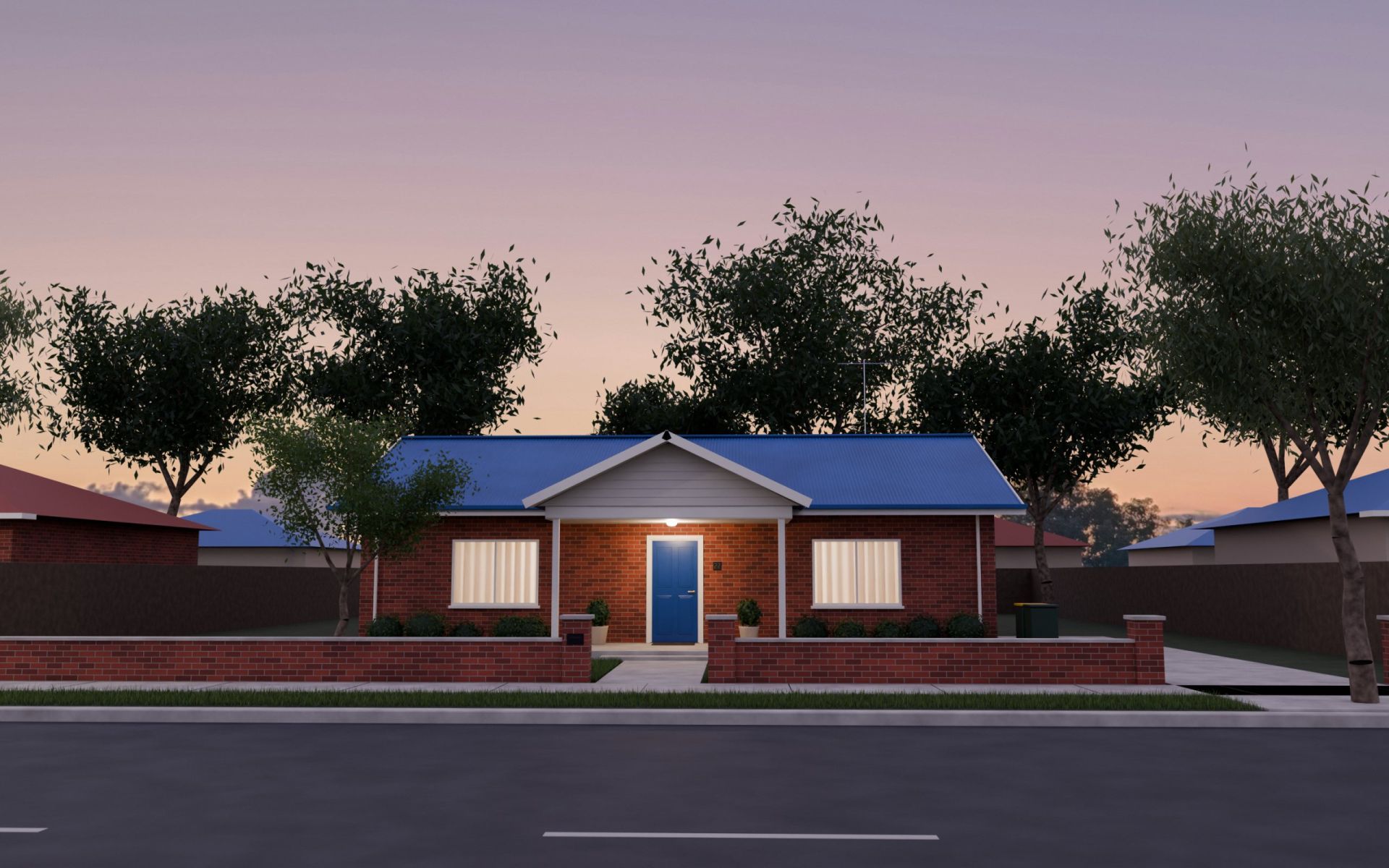 A brick house on a suburban street at first light, its windows lit